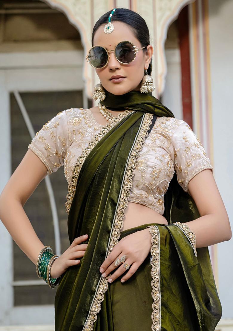 Mehendi Green Plain Satin Saree Set