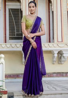 Violet Plain Satin Saree Set