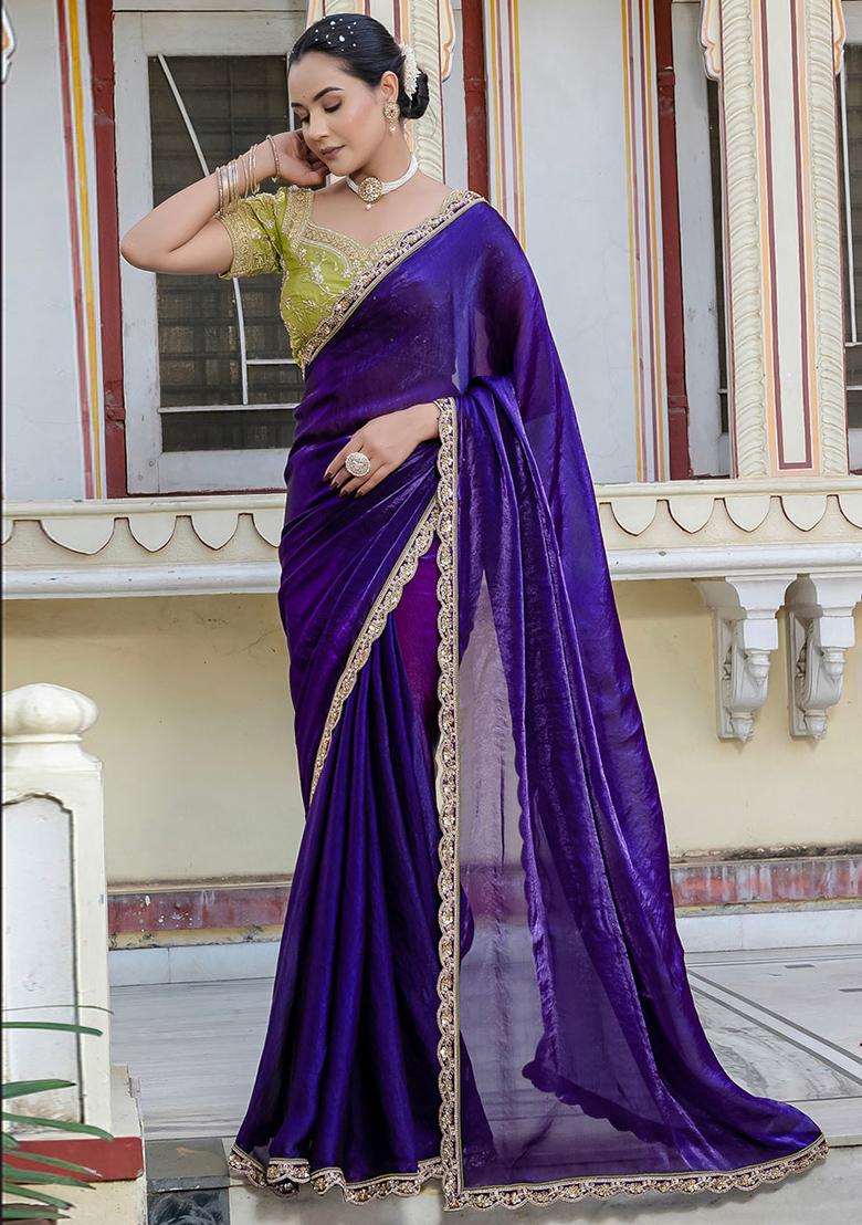 Violet Plain Satin Saree Set