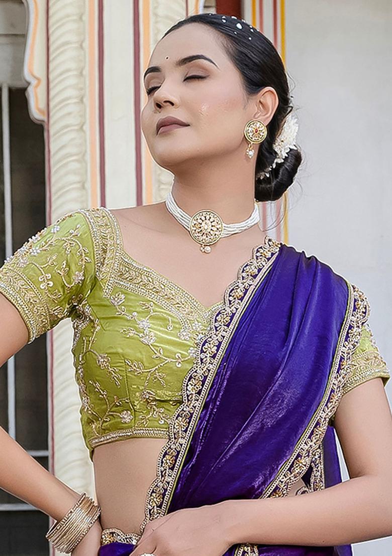 Violet Plain Satin Saree Set