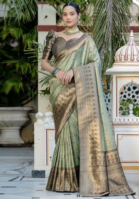 Green Woven Silk Blend Saree Set