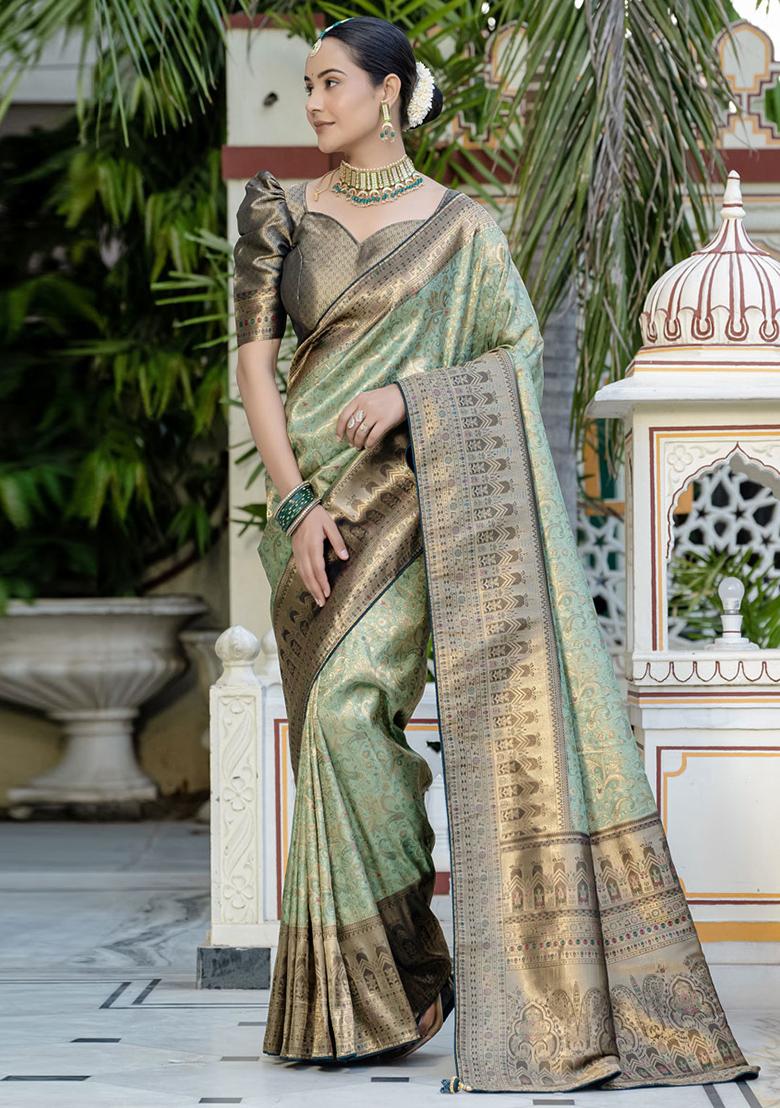Green Woven Silk Blend Saree Set
