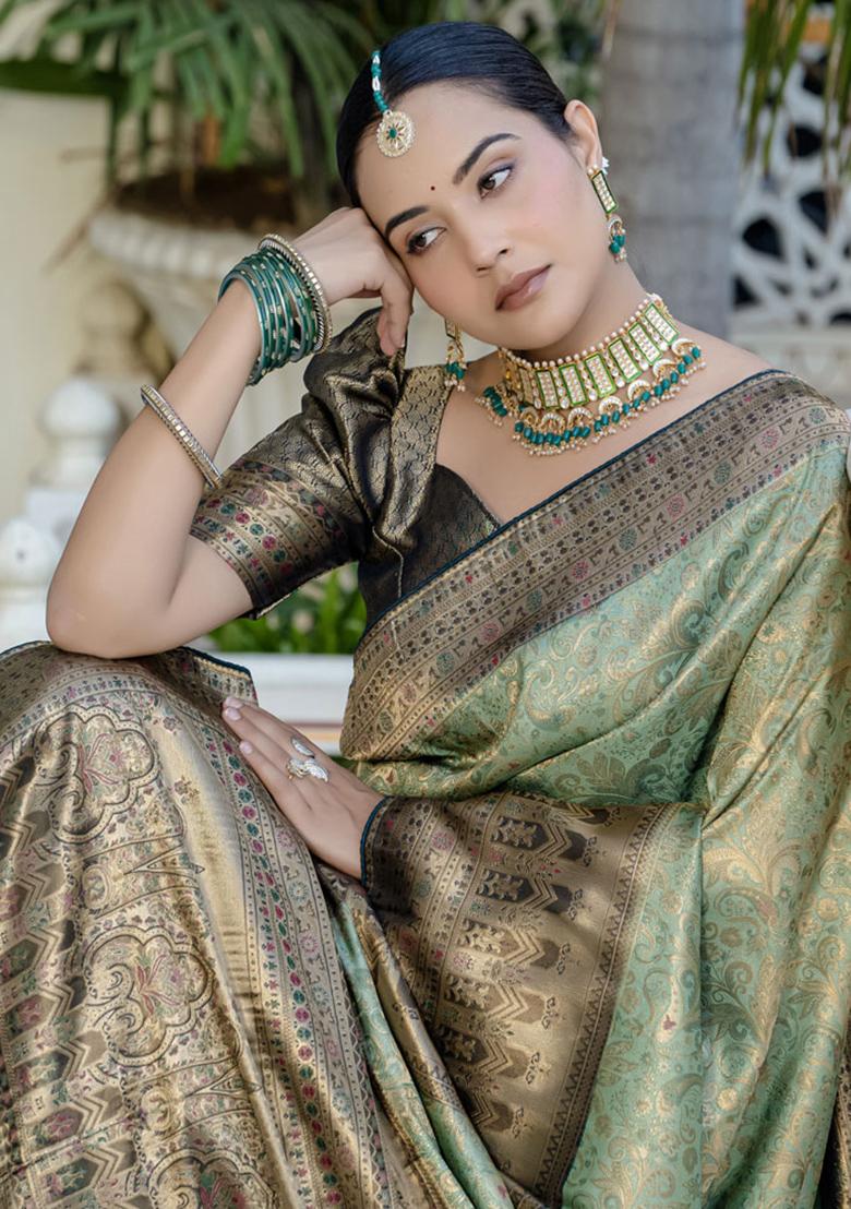 Green Woven Silk Blend Saree Set