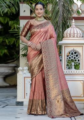 Peach Woven Silk Blend Saree Set