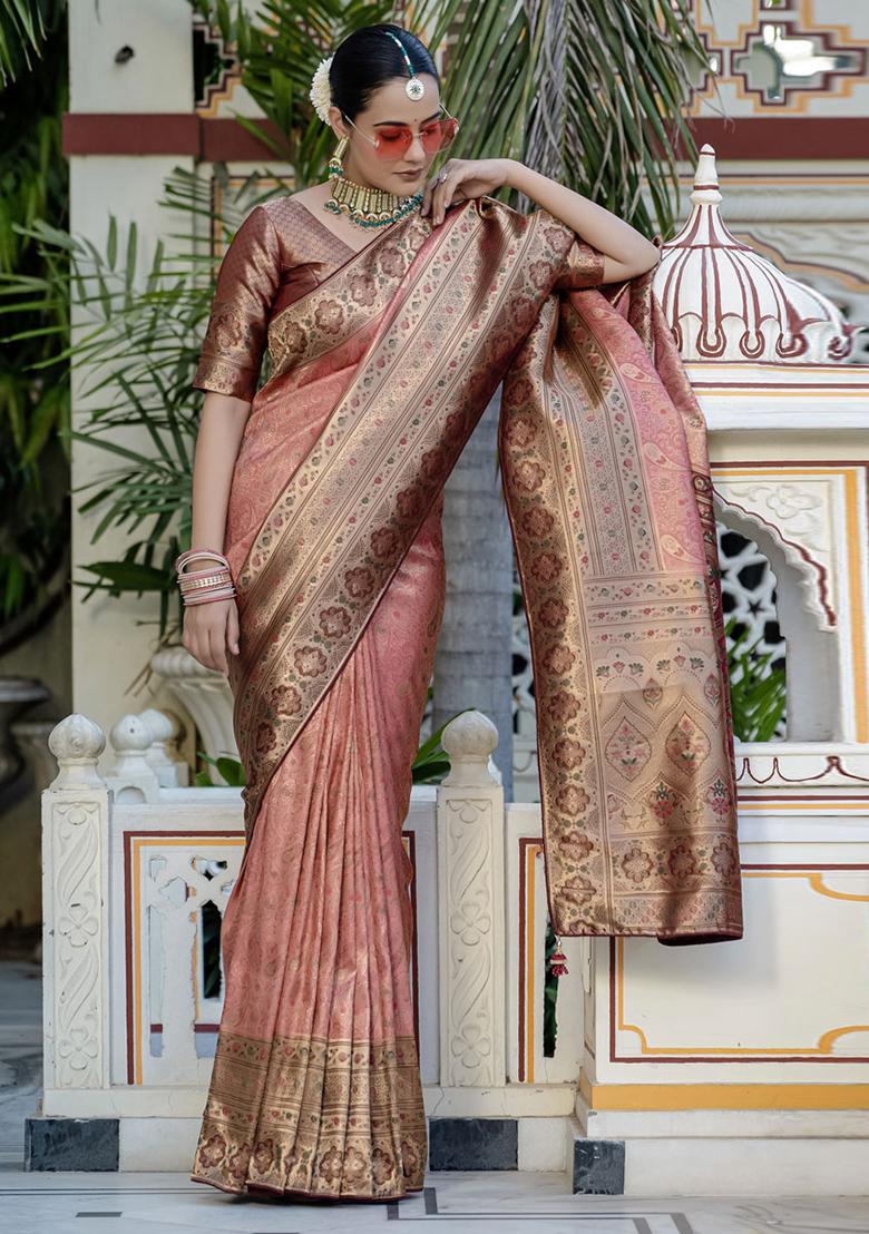 Peach Woven Silk Blend Saree Set