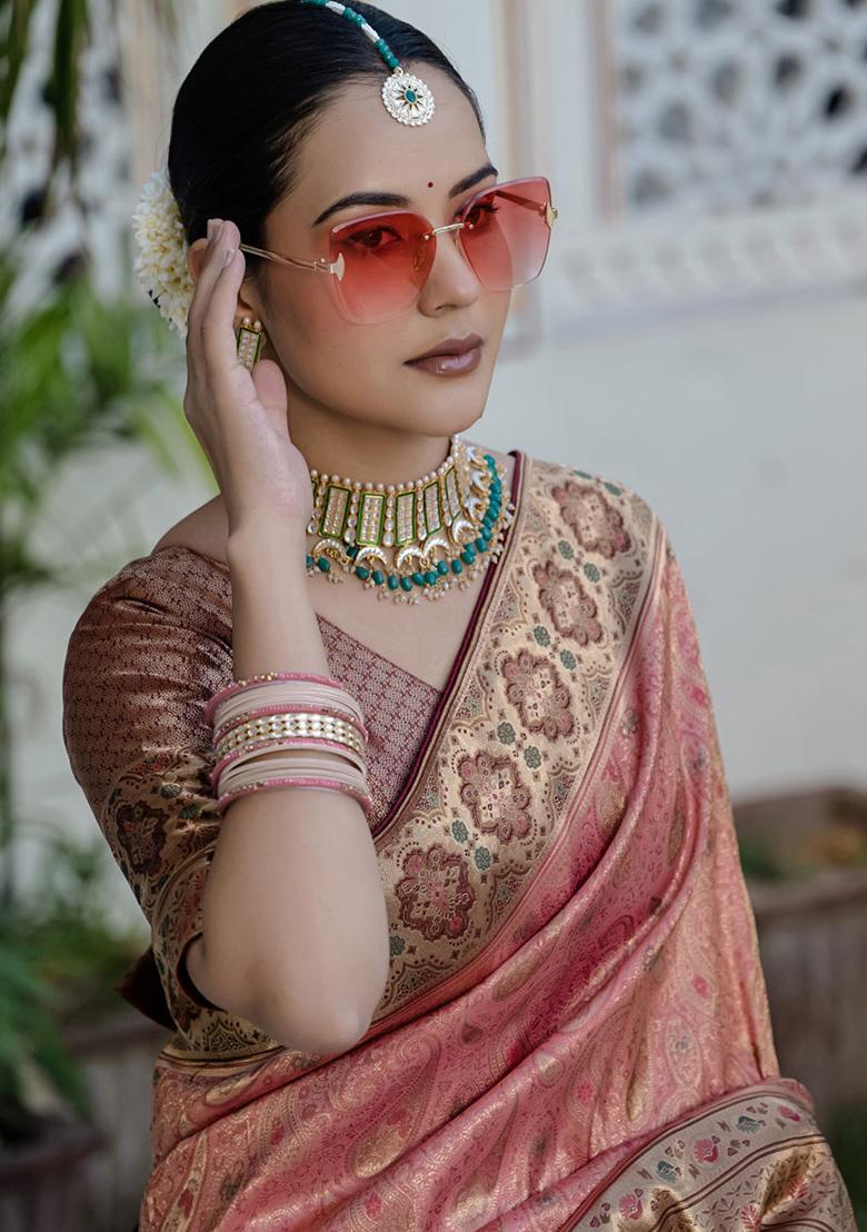 Peach Woven Silk Blend Saree Set