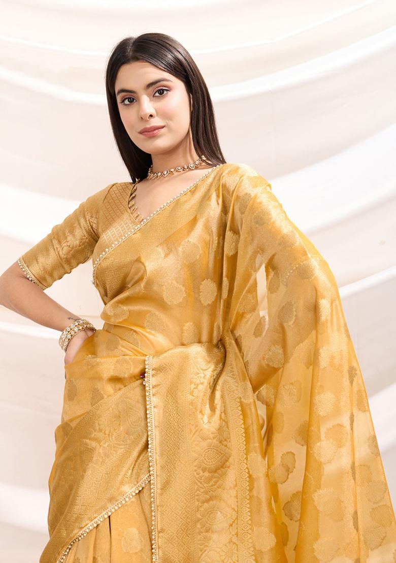 Mustard Yellow Woven Tissue Saree Set