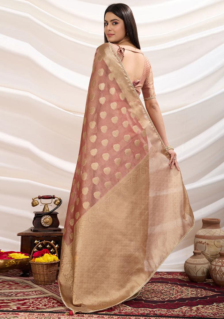 Peach Woven Tissue Saree Set
