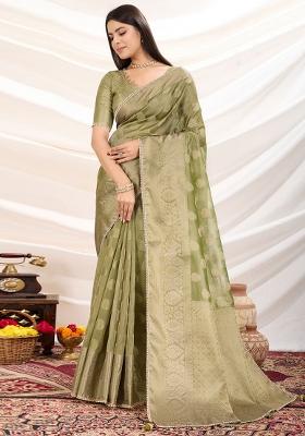 Green Woven Tissue Saree Set