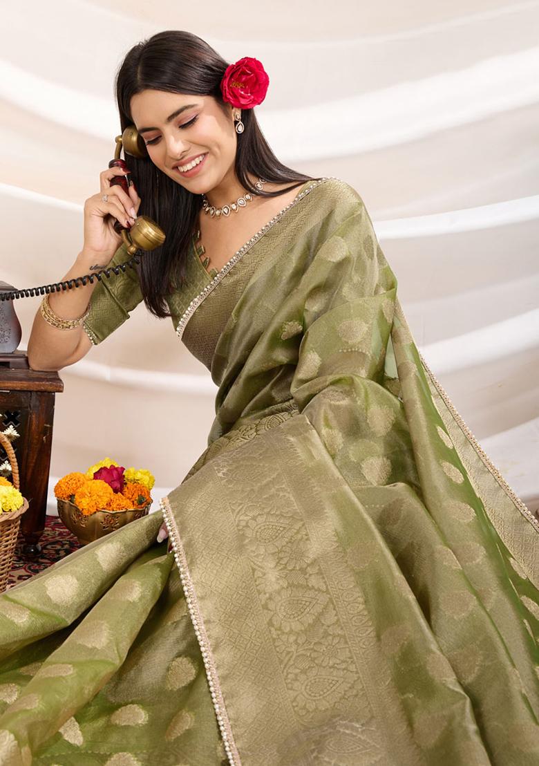 Green Woven Tissue Saree Set