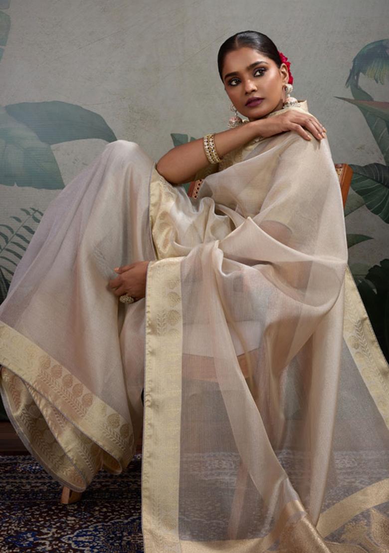Cream Woven Tissue Saree Set