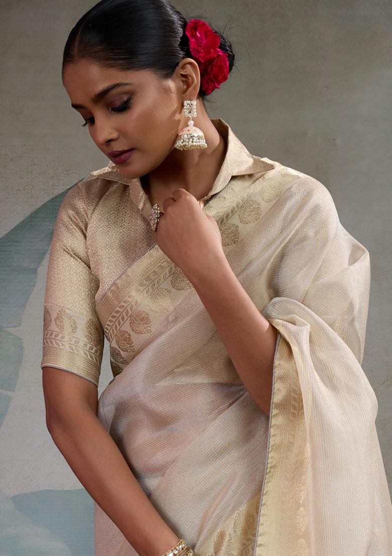 Cream Woven Tissue Saree Set