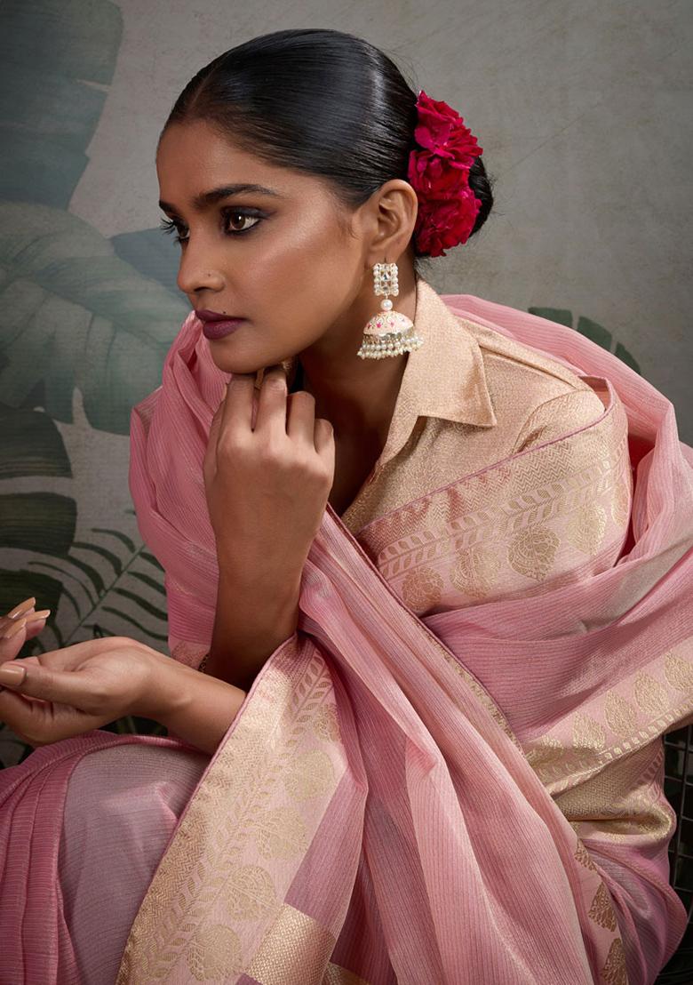 Pink Woven Tissue Saree Set