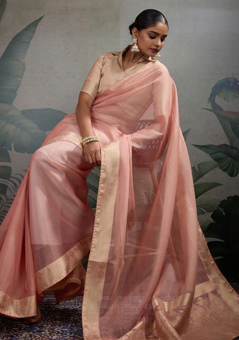 Peach Woven Tissue Saree Set
