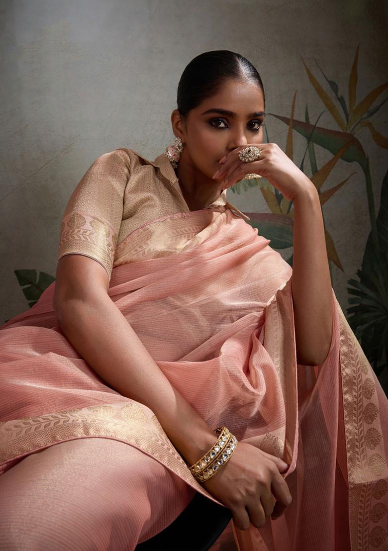 Peach Woven Tissue Saree Set