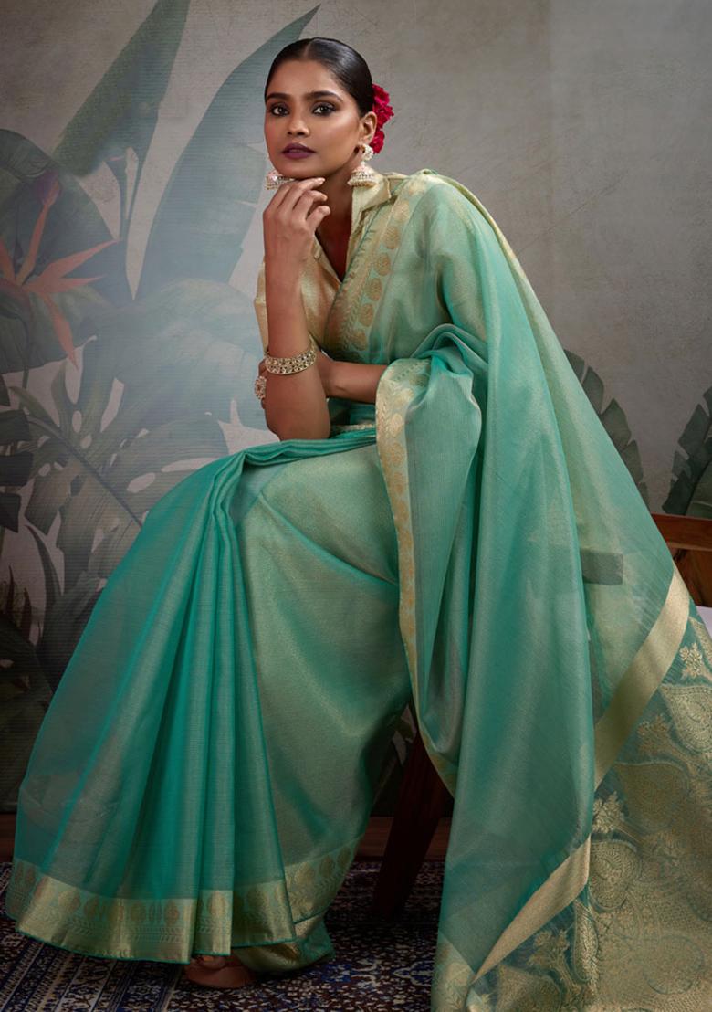 Green Woven Tissue Saree Set