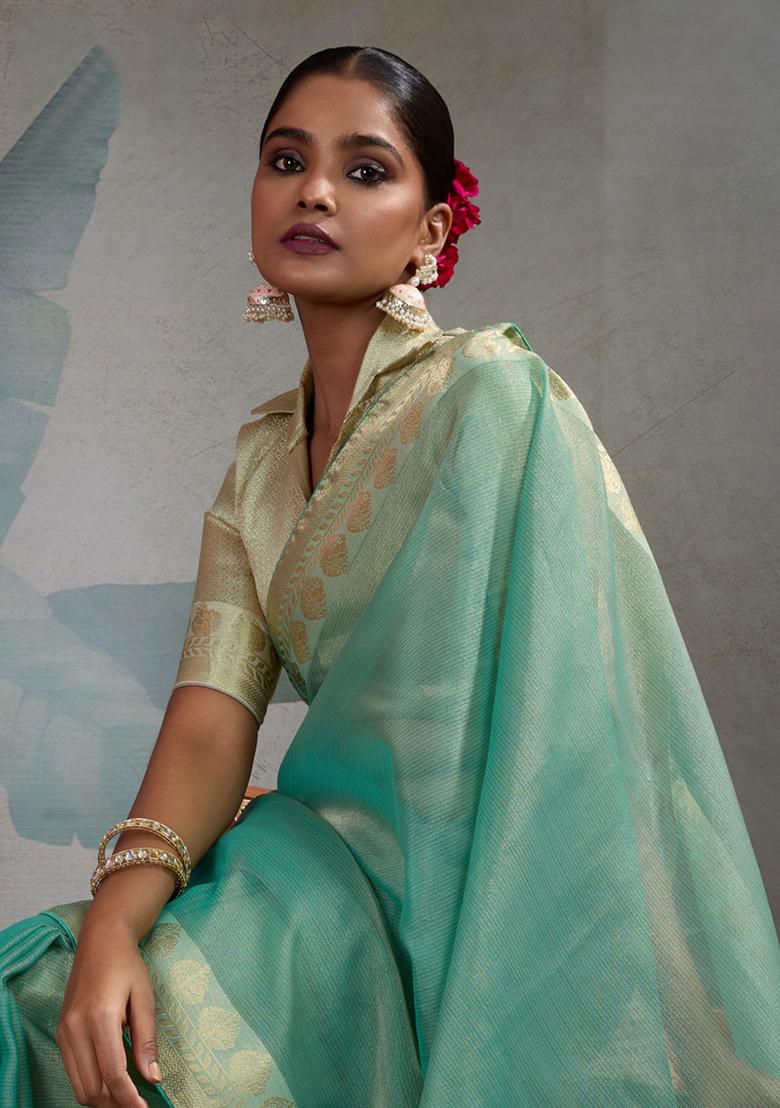 Green Woven Tissue Saree Set
