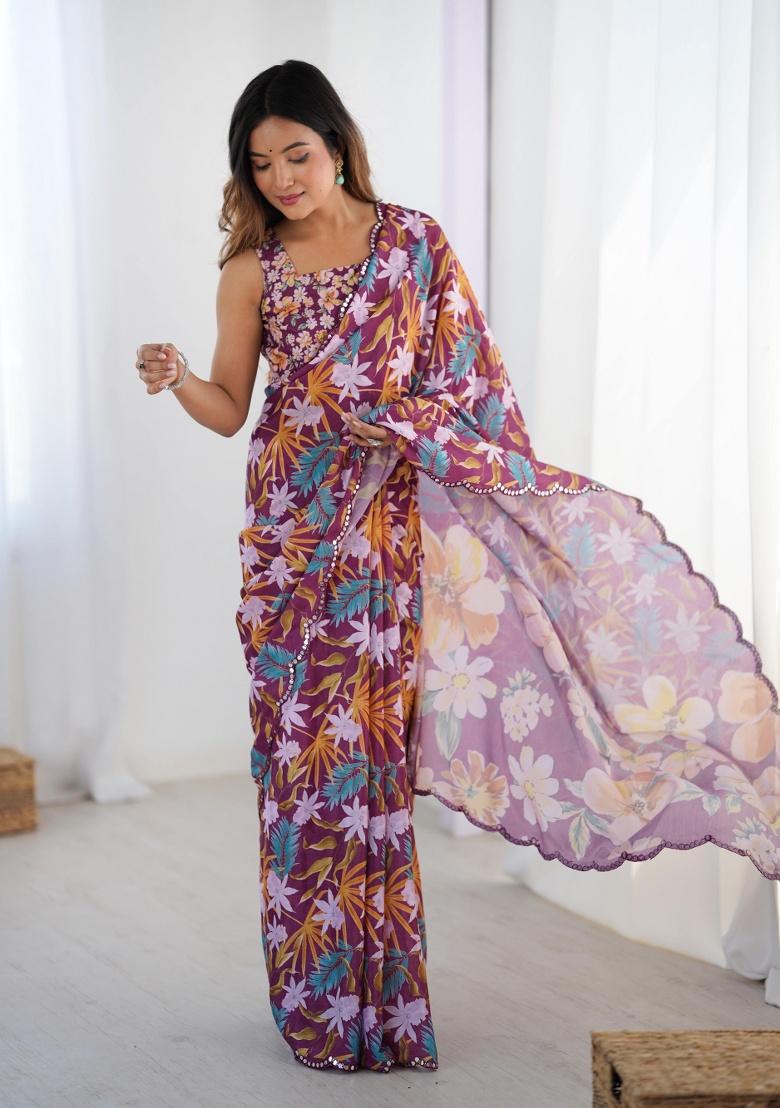 Multi Printed Chinon Saree