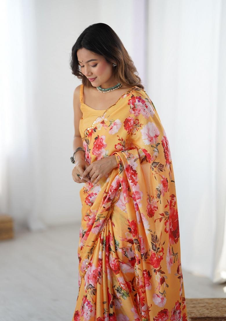 Multi Printed Chinon Saree