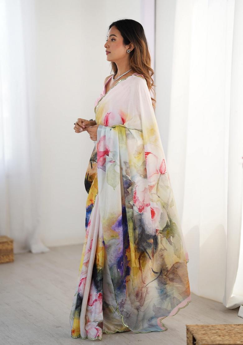 Multi Printed Chinon Saree