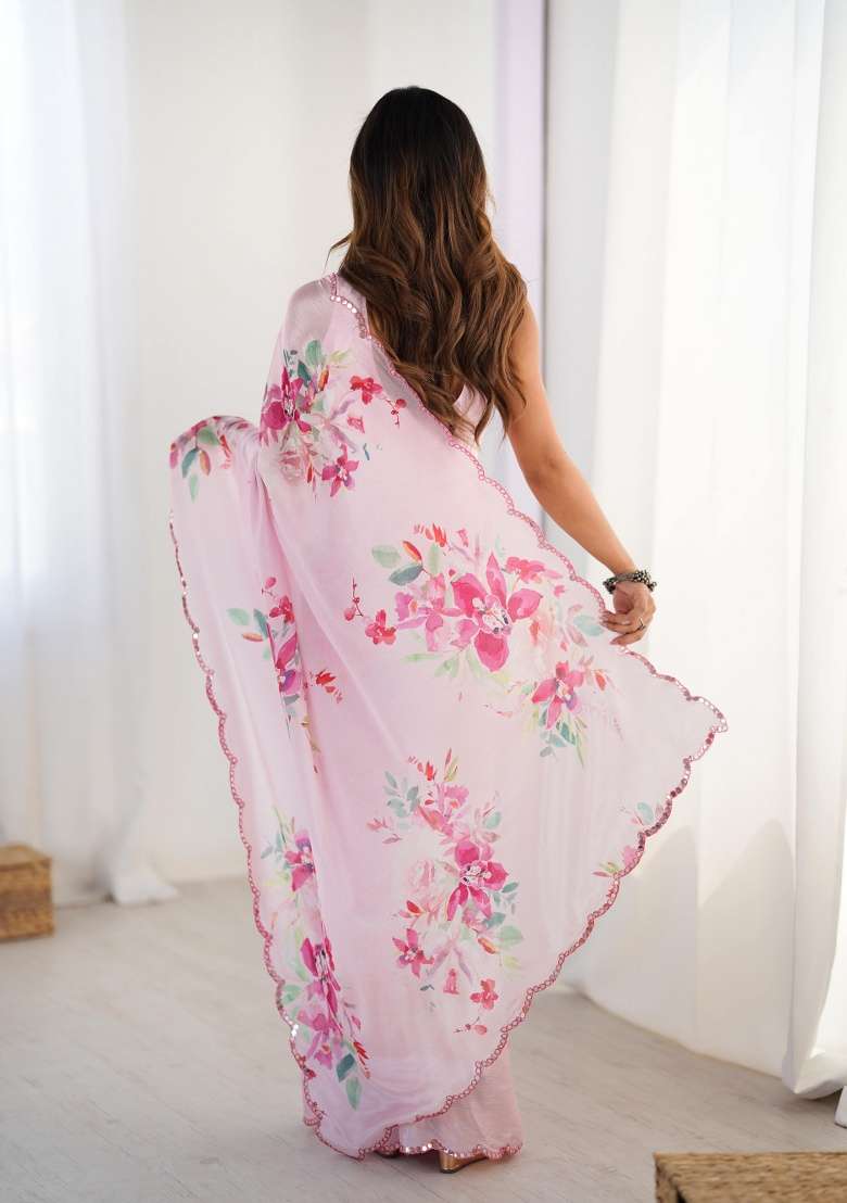 Multi Printed Chinon Saree for Diwali and Festive Wear - Indya