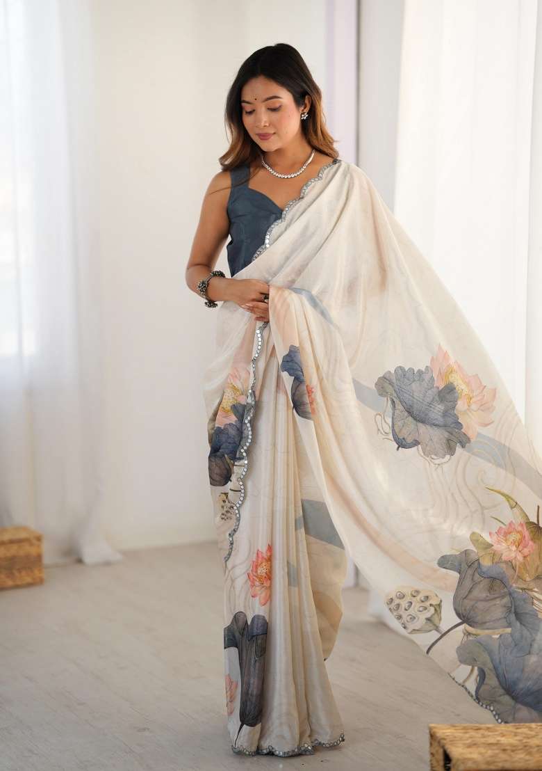 Multi Printed Chinon Saree for Diwali and Festive Wear - Indya