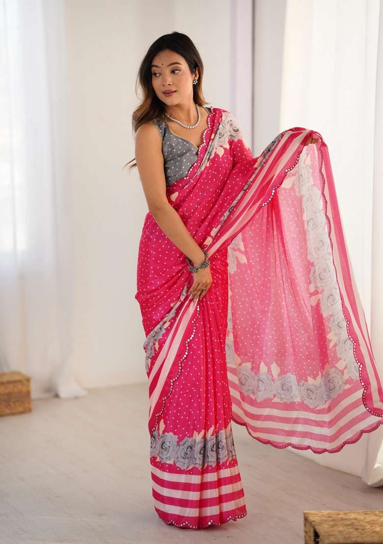 Multi Chinon Saree with Printed for Diwali | Wedding & Festive Wear - Indya