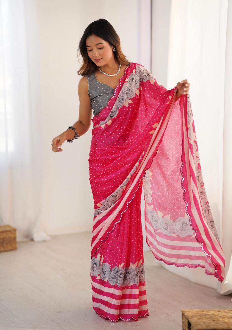 Multi Printed Chinon Saree