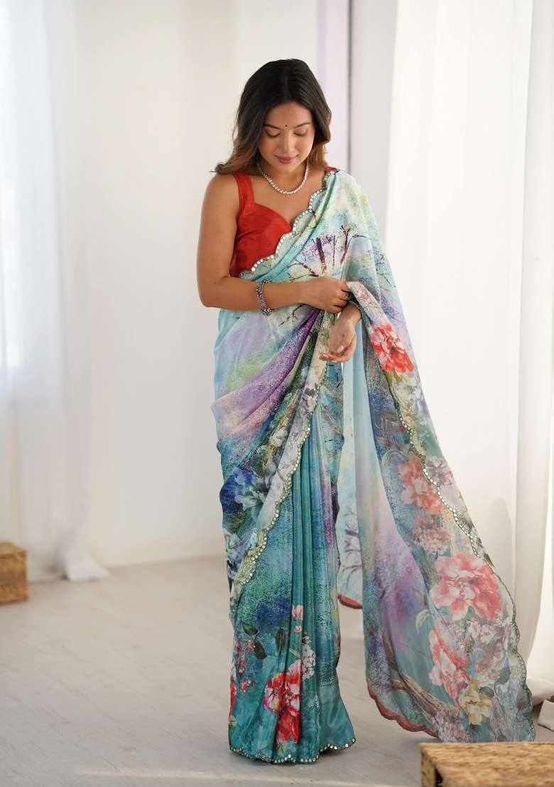 Multi Printed Chinon Saree for Diwali and Festive Wear - Indya