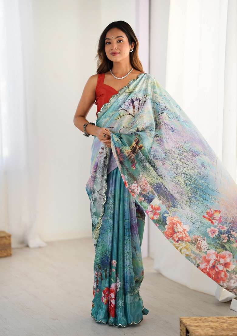 Multi Printed Chinon Saree for Diwali and Festive Wear - Indya
