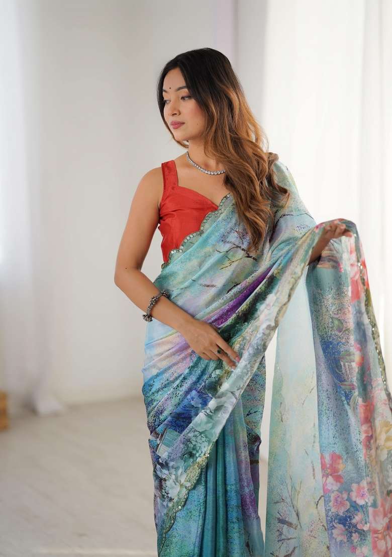 Multi Printed Chinon Saree for Diwali and Festive Wear - Indya