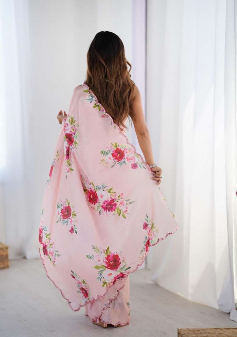 Multi Printed Chinon Saree for Diwali and Festive Wear - Indya