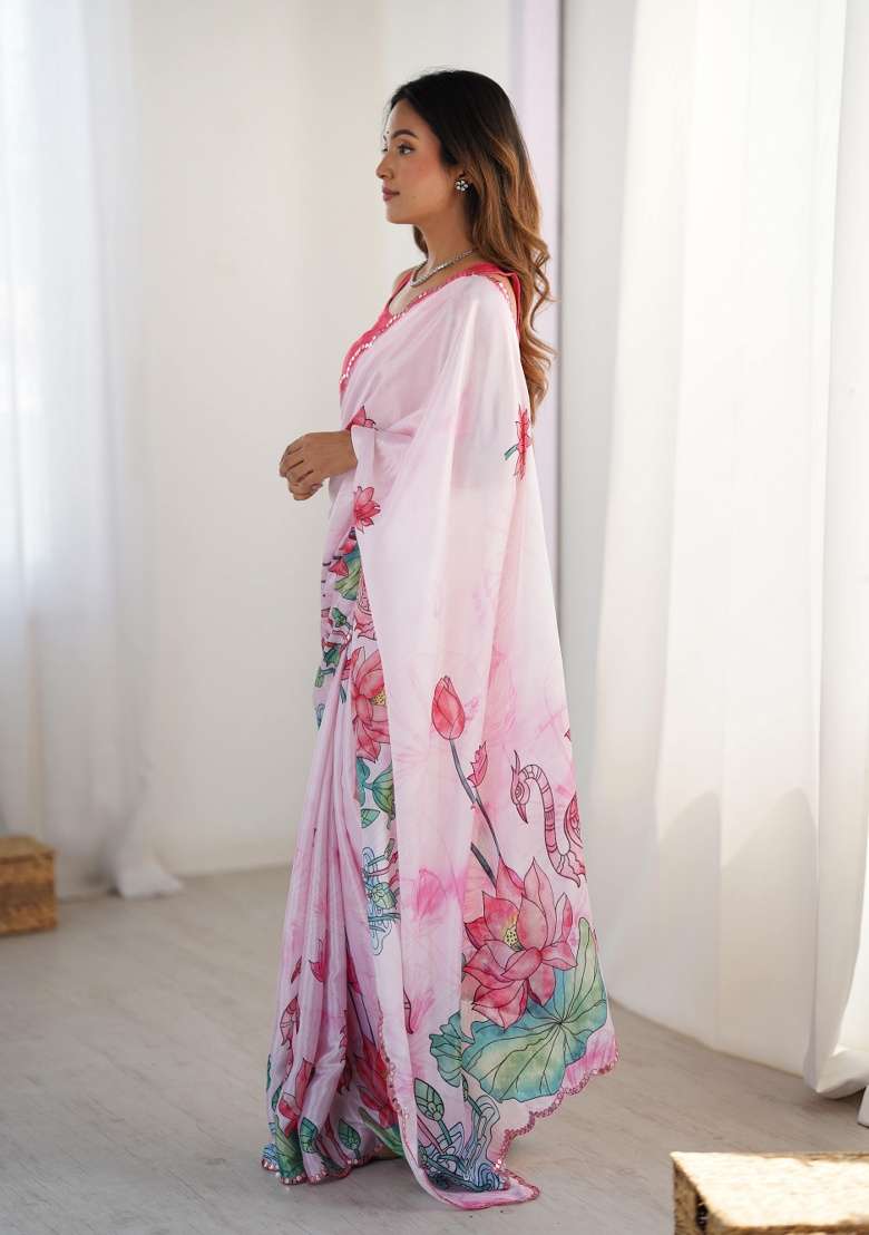 Multi Printed Chinon Saree for Diwali and Festive Wear - Indya