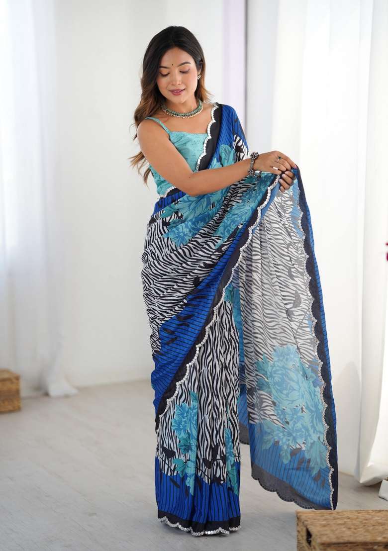 Multi Chinon Saree with Printed for Diwali | Wedding & Festive Wear - Indya