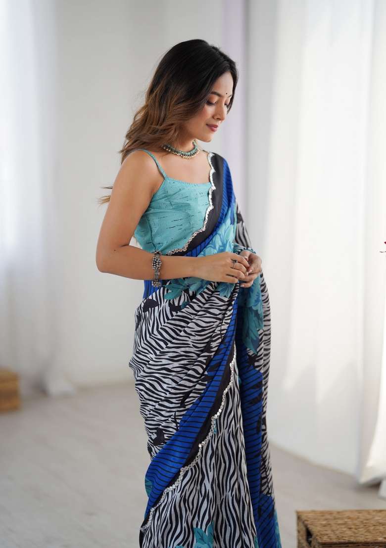 Multi Chinon Saree with Printed for Diwali | Wedding & Festive Wear - Indya