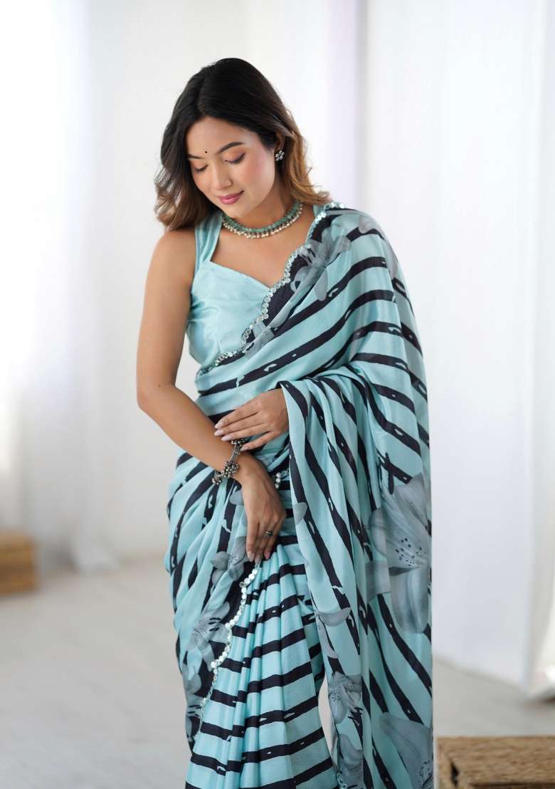 Multi Chinon Saree with Printed for Diwali | Wedding & Festive Wear - Indya