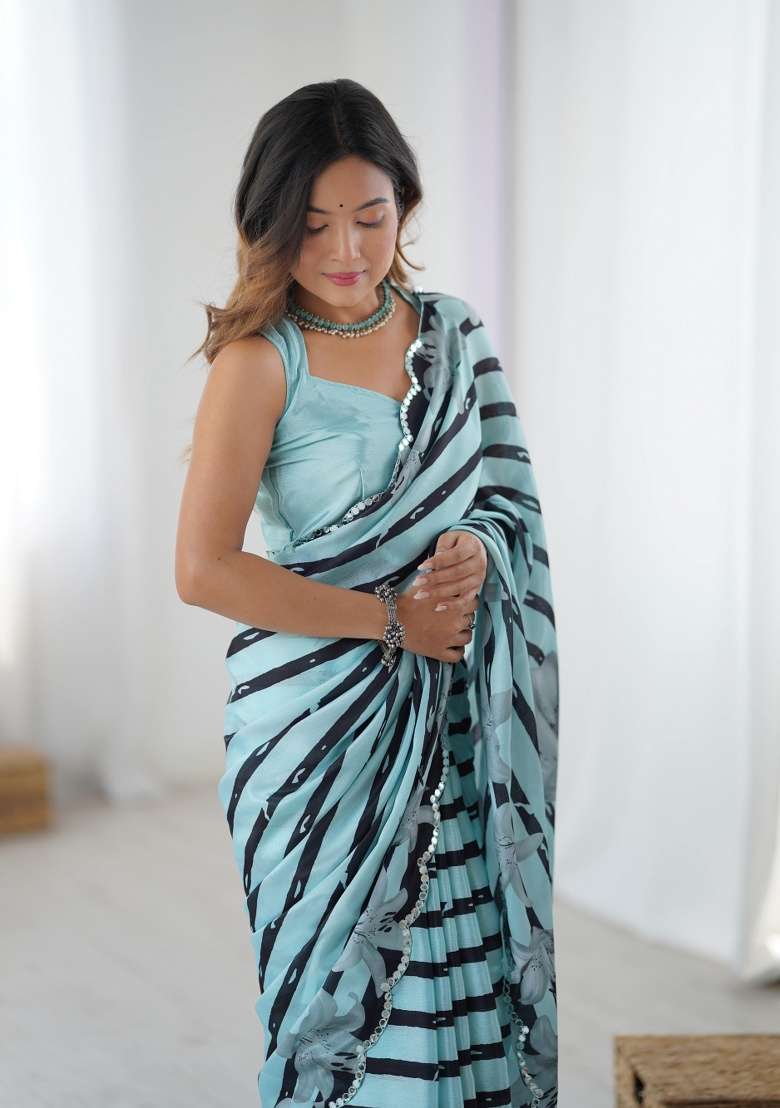 Multi Chinon Saree with Printed for Diwali | Wedding & Festive Wear - Indya