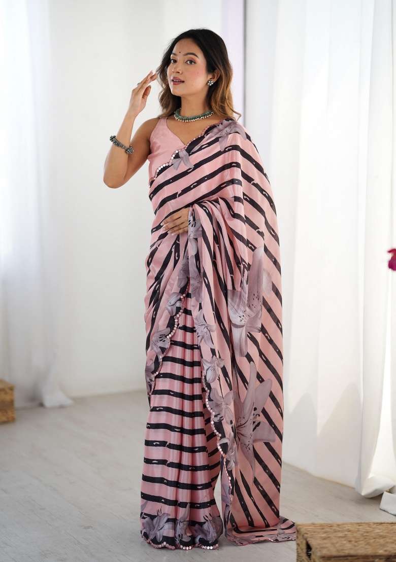 Multi Chinon Saree with Printed for Diwali | Wedding & Festive Wear - Indya