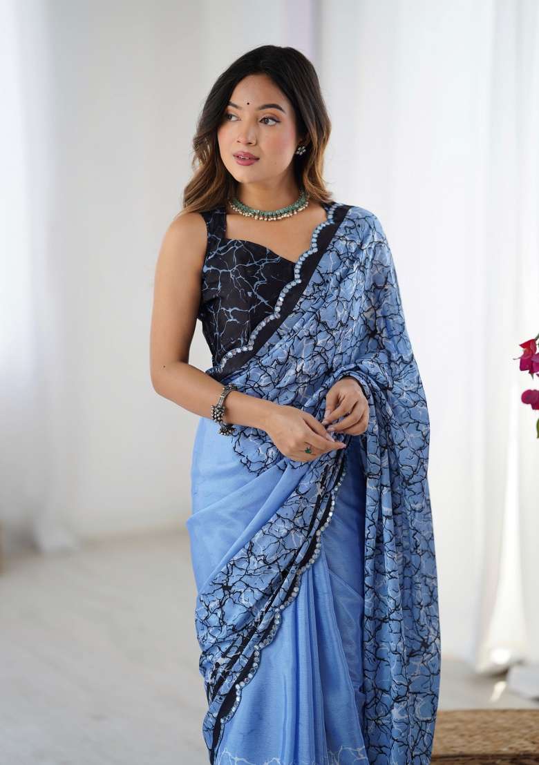 Multi Chinon Saree with Printed for Diwali | Wedding & Festive Wear - Indya