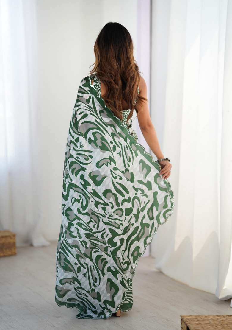 Multi Chinon Saree with Printed for Diwali | Wedding & Festive Wear - Indya