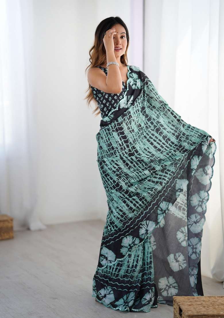 Multi Printed Chinon Saree for Diwali and Festive Wear - Indya