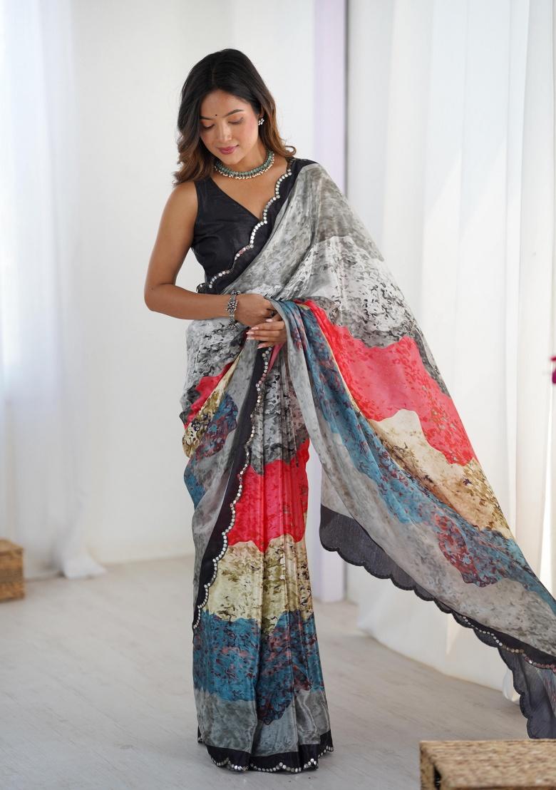 Multi Printed Chinon Saree