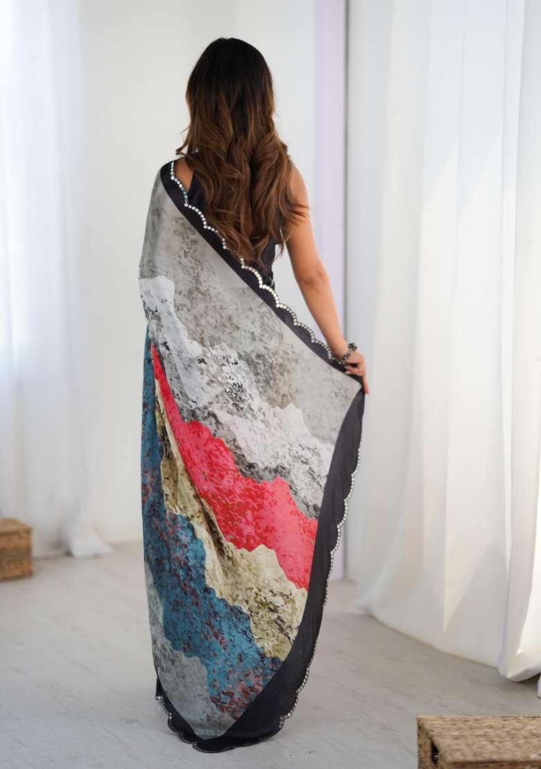 Multi Printed Chinon Saree for Diwali and Festive Wear - Indya