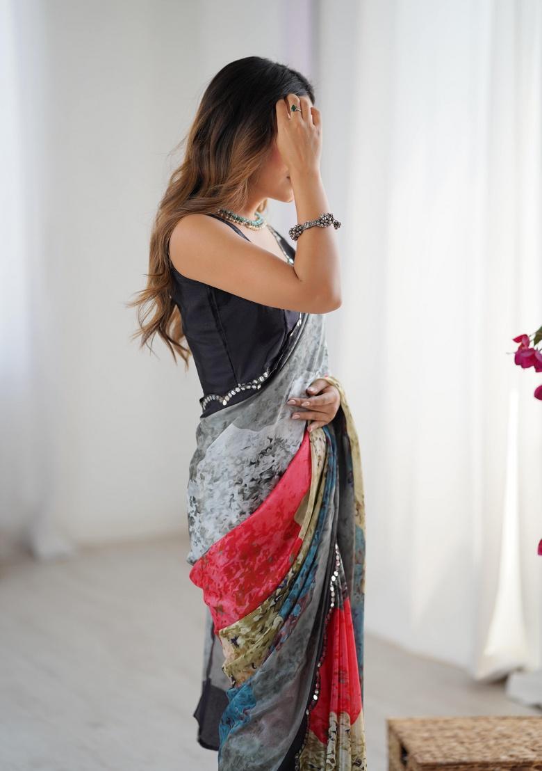 Multi Printed Chinon Saree