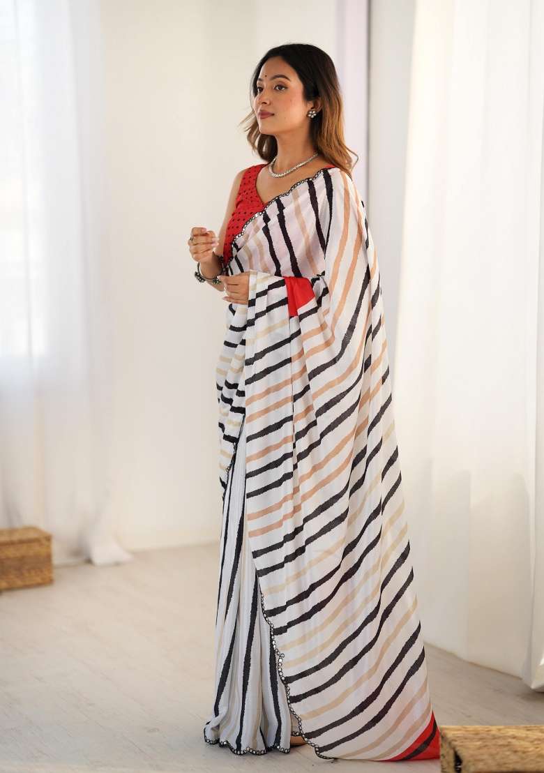 Multi Printed Chinon Saree for Diwali and Festive Wear - Indya