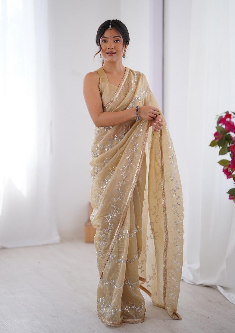 Cream Embroidered Silk Saree