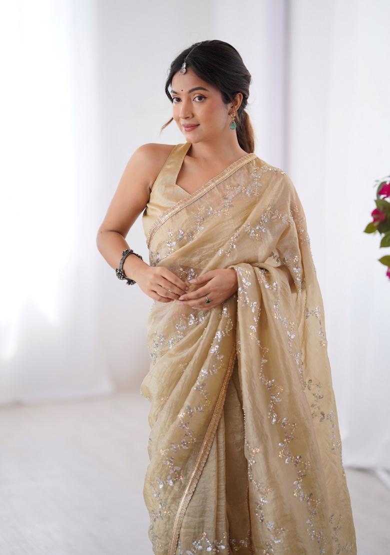 Cream Embroidered Silk Saree