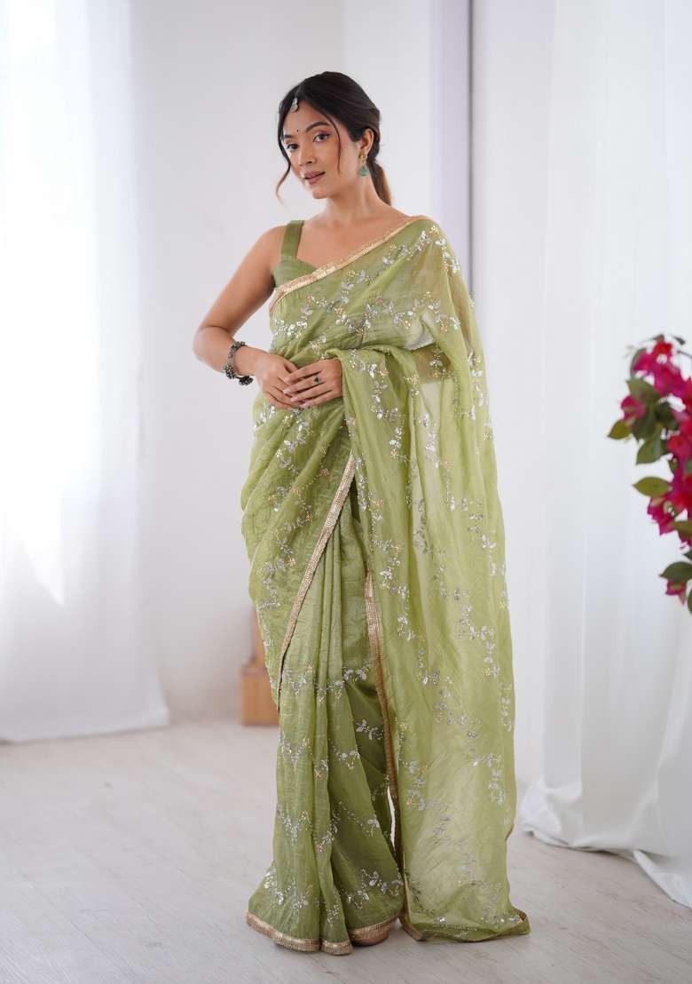 Pista Green Silk Blend Saree with Embroidered for Diwali | Wedding & Festive Wear - Indya