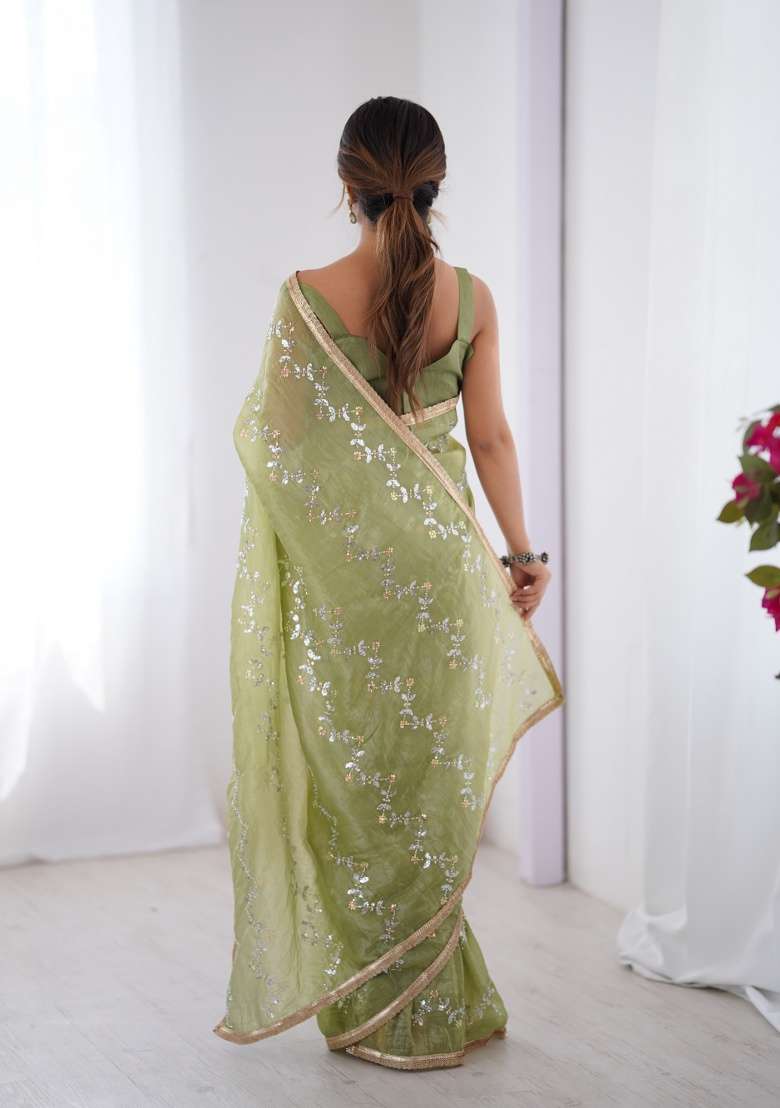 Pista Green Silk Blend Saree with Embroidered for Diwali | Wedding & Festive Wear - Indya