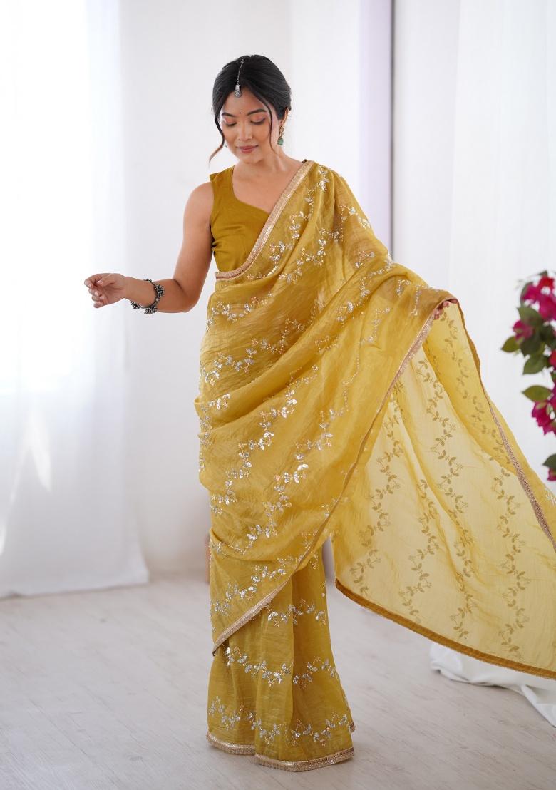 Yellow Embroidered Silk Saree